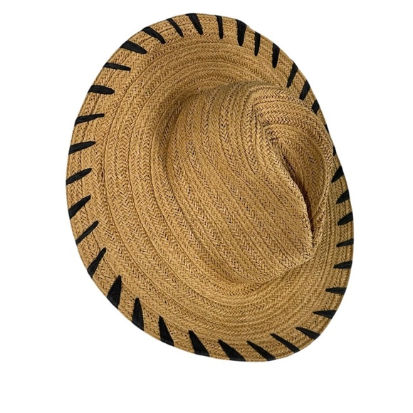 Summer Wide Brim Sun Beach Hat Paper yarn/Polyester Tan with Black Woven Detail - Picture 4 of 6